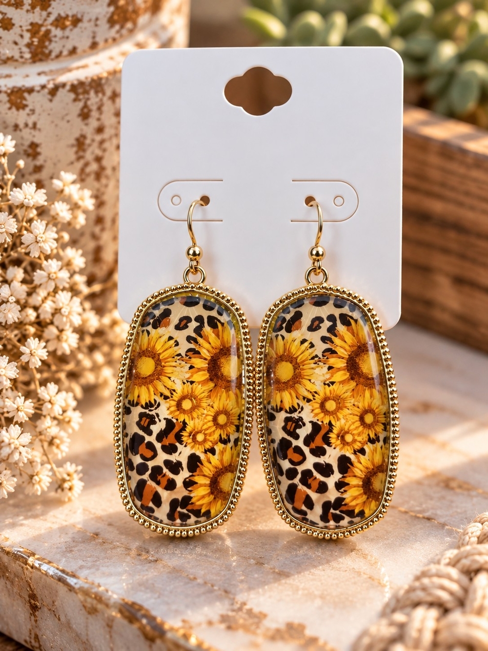 Gold Sunflower Leopard Drop Earrings - Women Jewelry